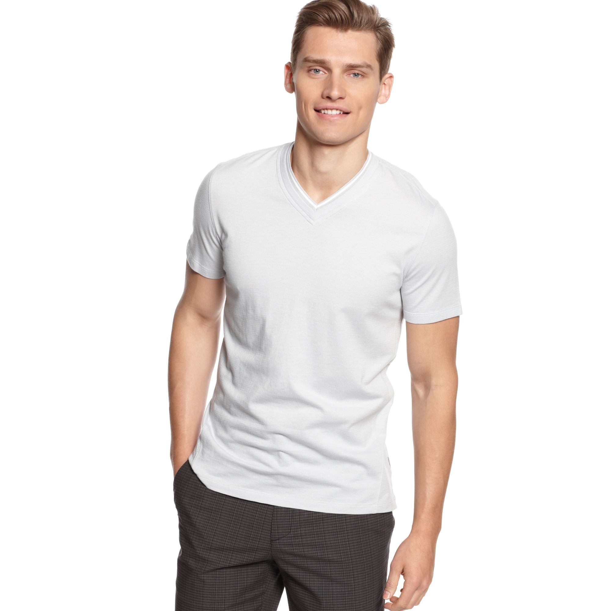 Calvin Klein Short Sleeve Slim Fit V Neck T Shirt in White for Men ...