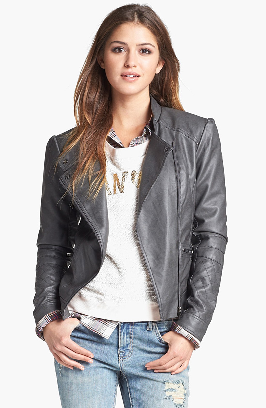 Lyst Jessica Simpson Trey Faux Leather Moto Jacket In Gray Gallery
