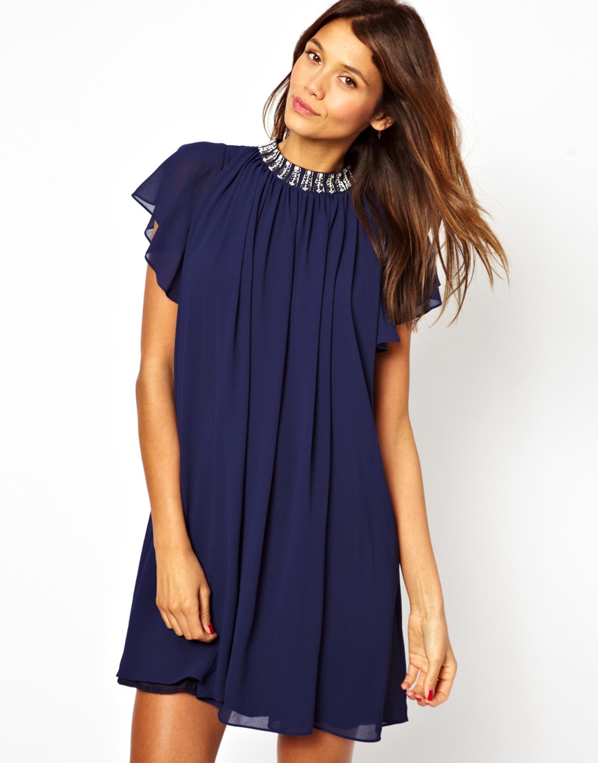 Lyst - Tfnc london Tfnc Swing Dress with Embellished Neck in Blue