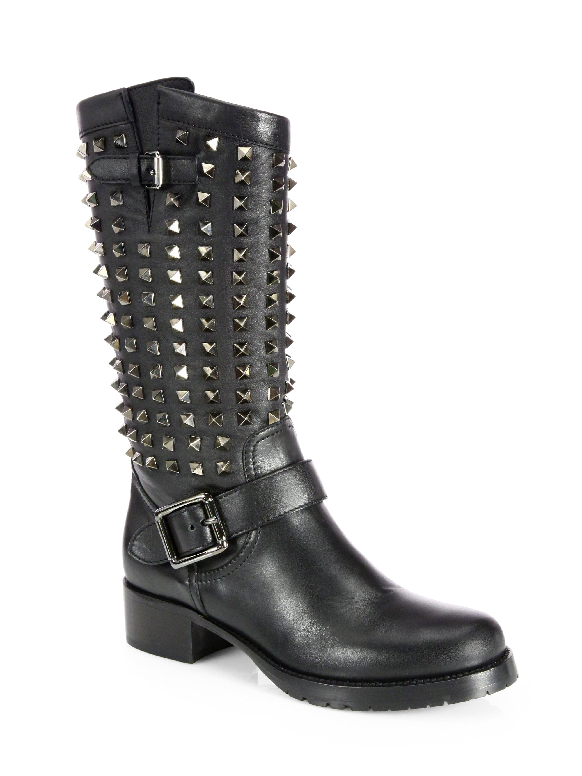 Valentino Noir Rockstud Leather Midcalf Moto Boots in Black | Lyst