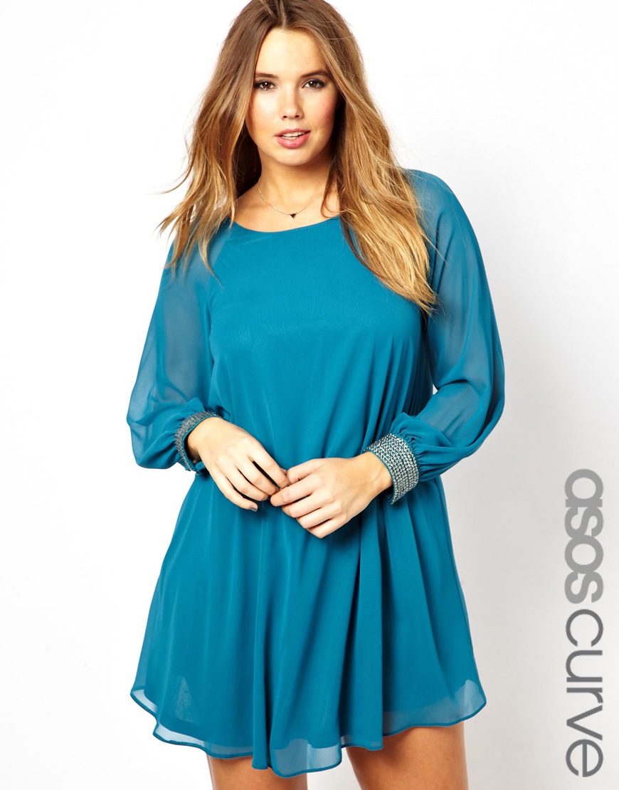 Lyst - Asos Asos Curve Shift Dress with Embellished Cuff in Blue