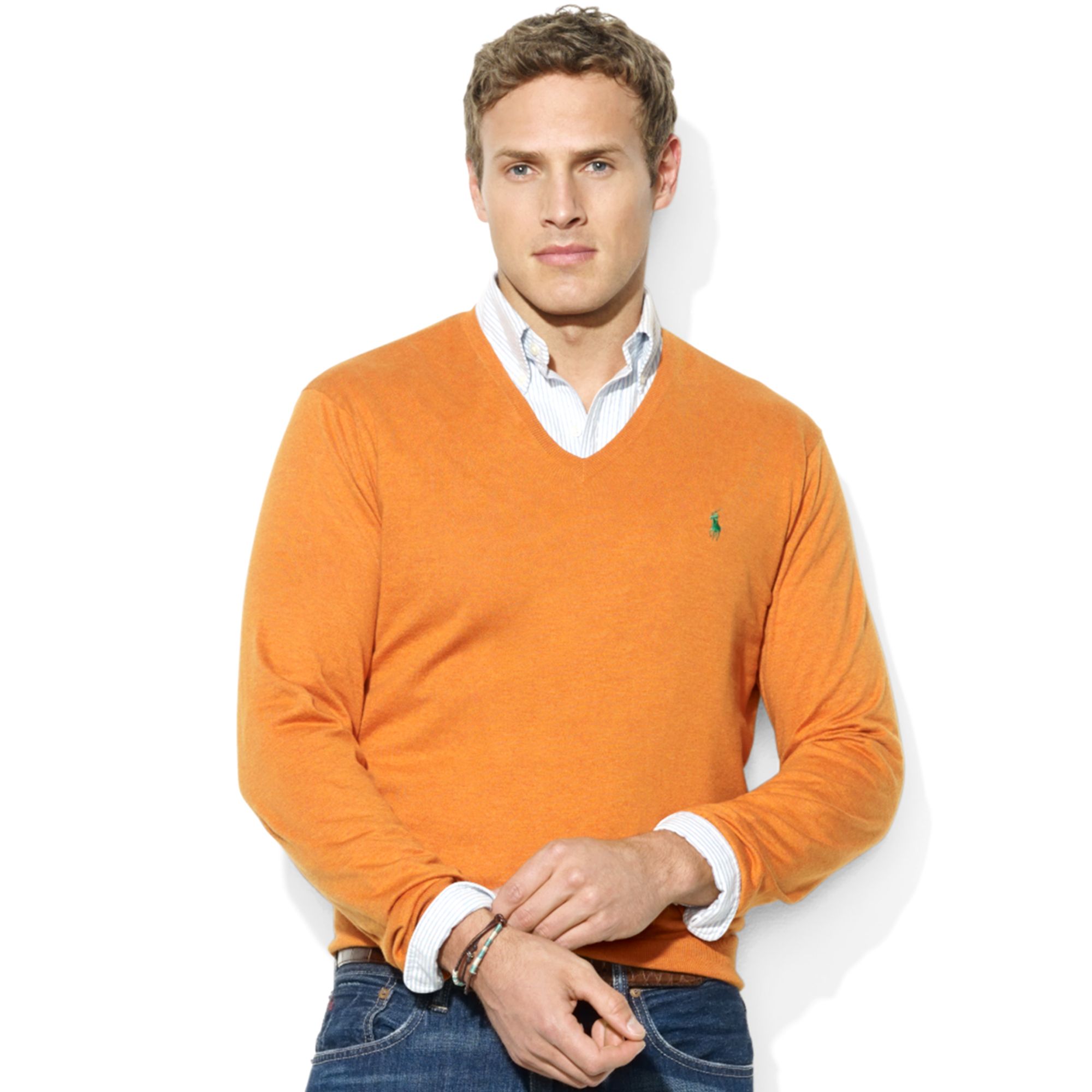 Lyst - Ralph Lauren V neck Pima Cotton Sweater in Orange for Men