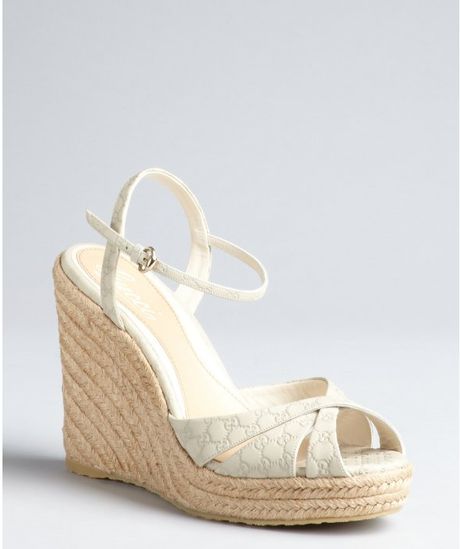 Gucci Mystic White Guccissima Patent Leather Espadrille Wedges in White ...