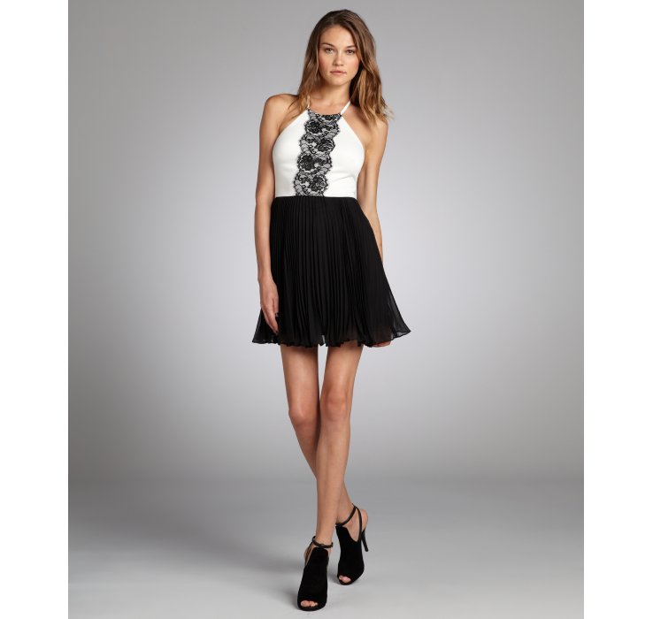Lyst - Max & Cleo Black and White Lace Trim Katlyn Halter Neck Cocktail ...