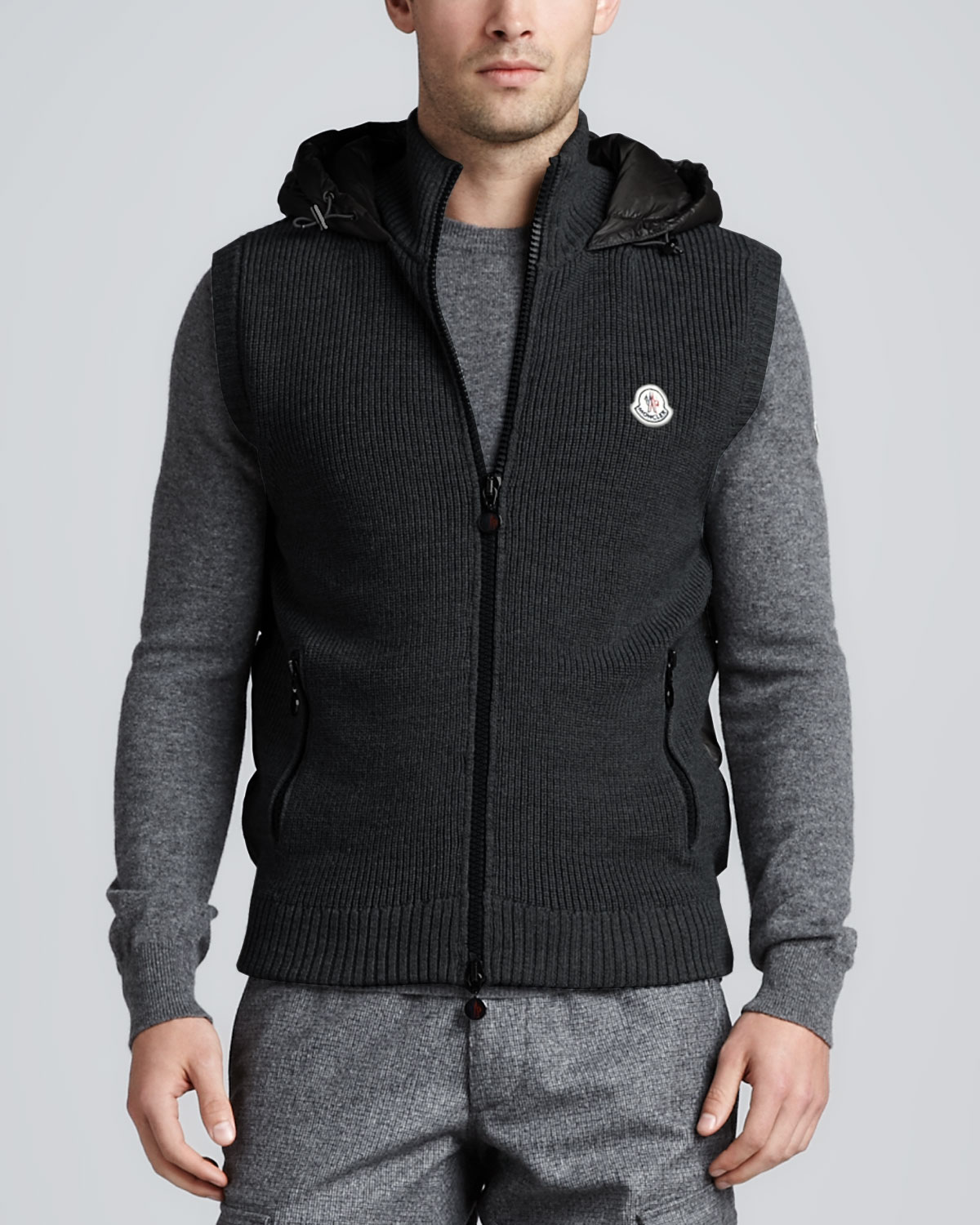 Lyst - Moncler Knit Zip Vest with Nylon Hood Black in Black for Men
