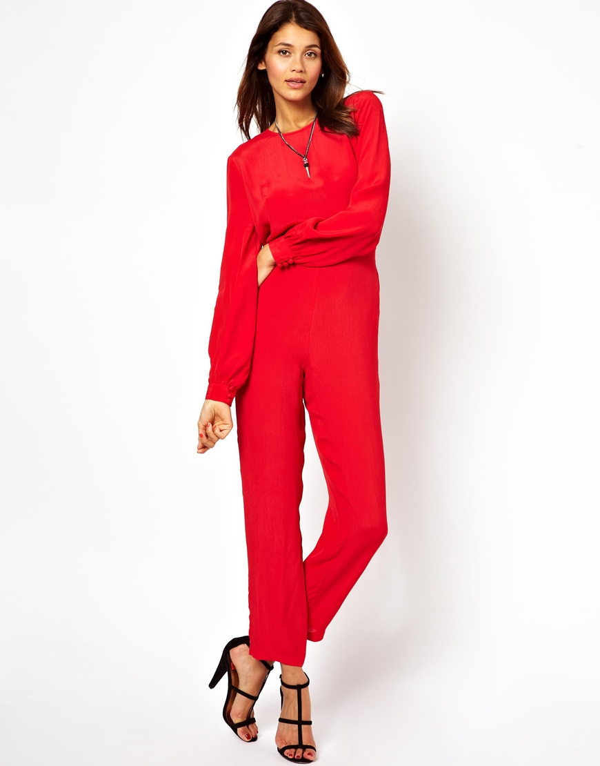 Lyst - Asos Simple Jumpsuit With Long Sleeves in Red
