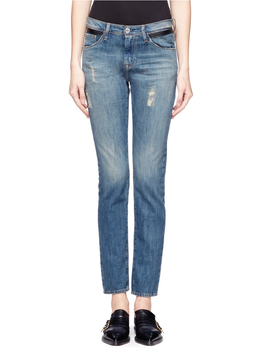 Each X Other Leather Trim Distressed Skinny Jeans in Blue (Blue and ...