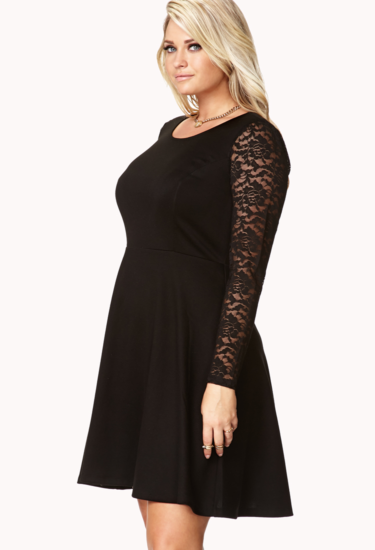 Lyst - Forever 21 Fancy Lace Sleeve Skater Dress in Black