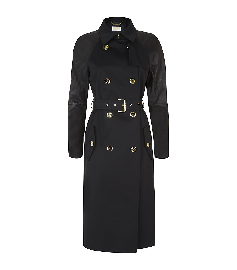 Michael Michael Kors Trench Coat with Leather Sleeves in Black (gold ...