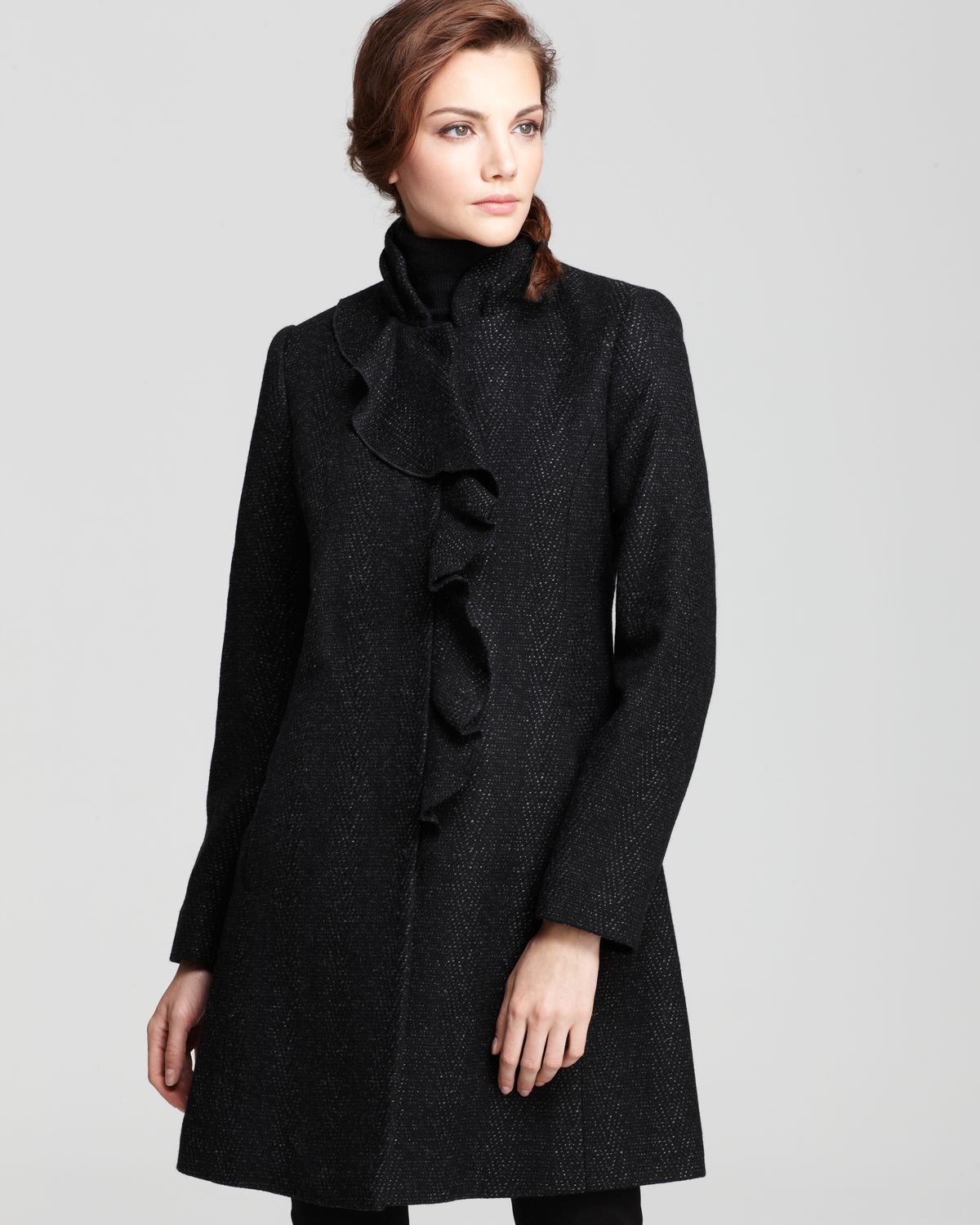 Dkny Stand Collar Coat with Ruffle Front in Black (Herringbone) | Lyst