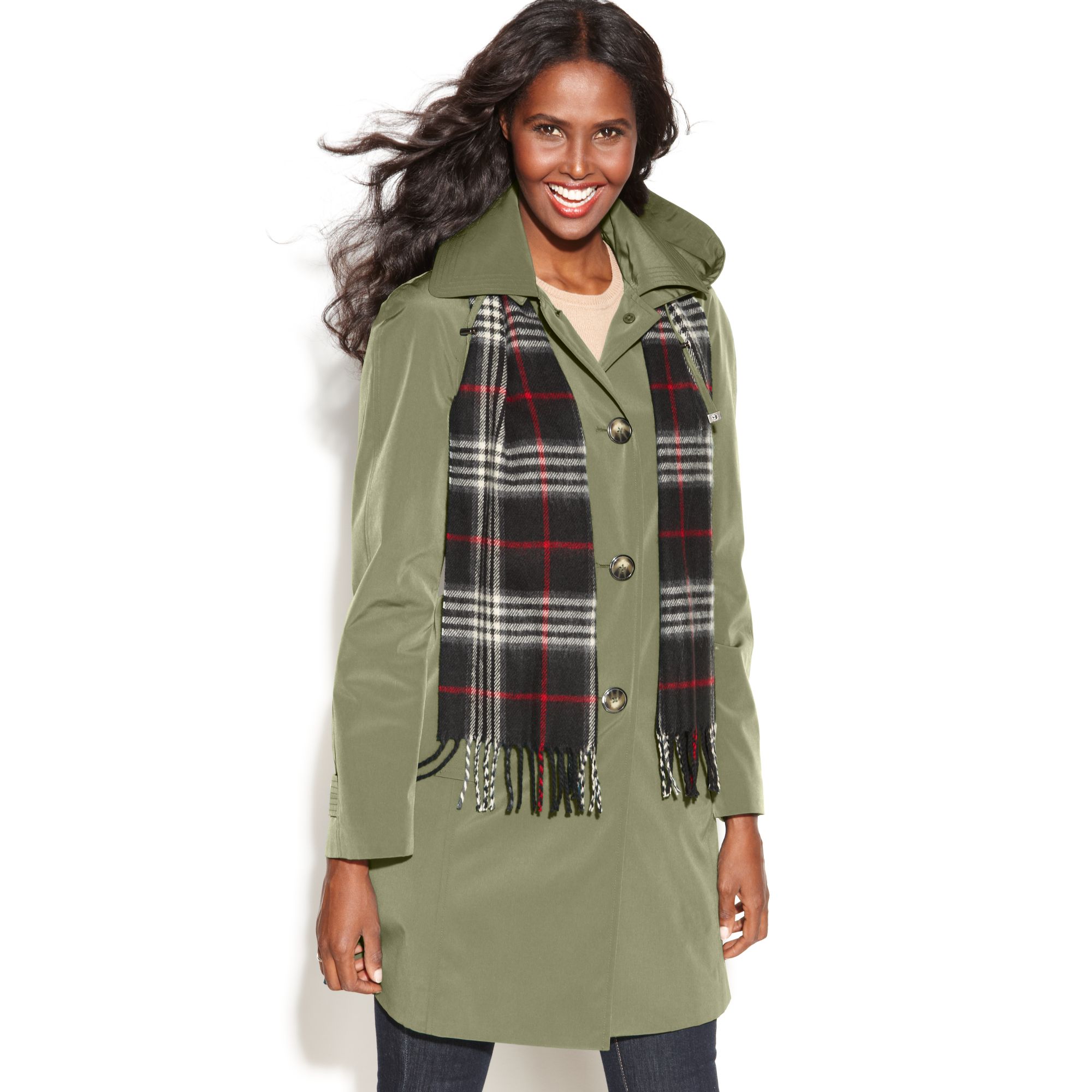 London fog Single Breasted Hooded Raincoat with Plaid Scarf in Natural ...