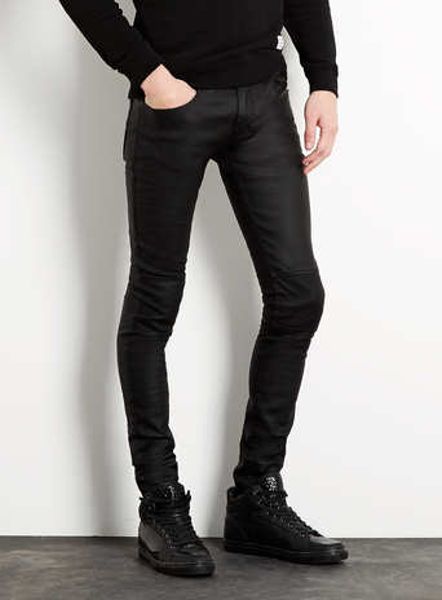 Topman Black Leather Look Biker Spray On Skinny Jeans in Black for Men ...