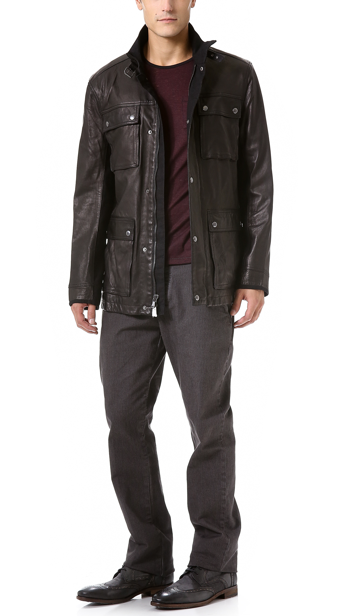 John Varvatos Leather Military Field Jacket In Brown For Men Lyst Gallery