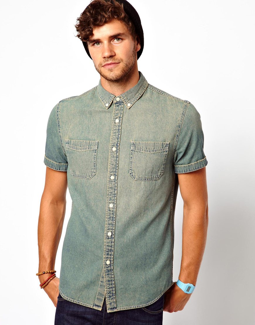 blue jean short sleeve shirt for men