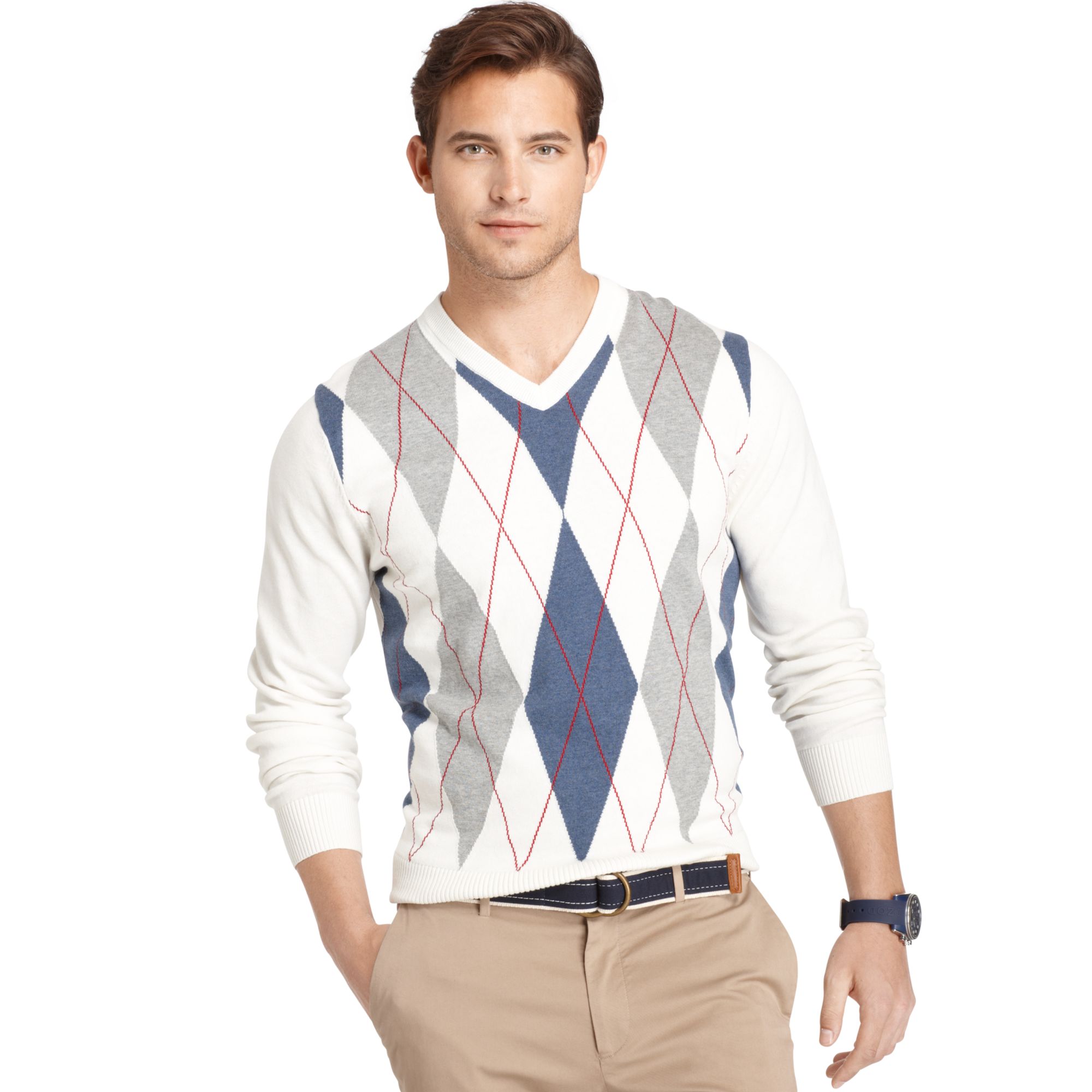 Izod Sweater Vneck Argyle Sweater in Multicolor for Men (Vanilla Ice)