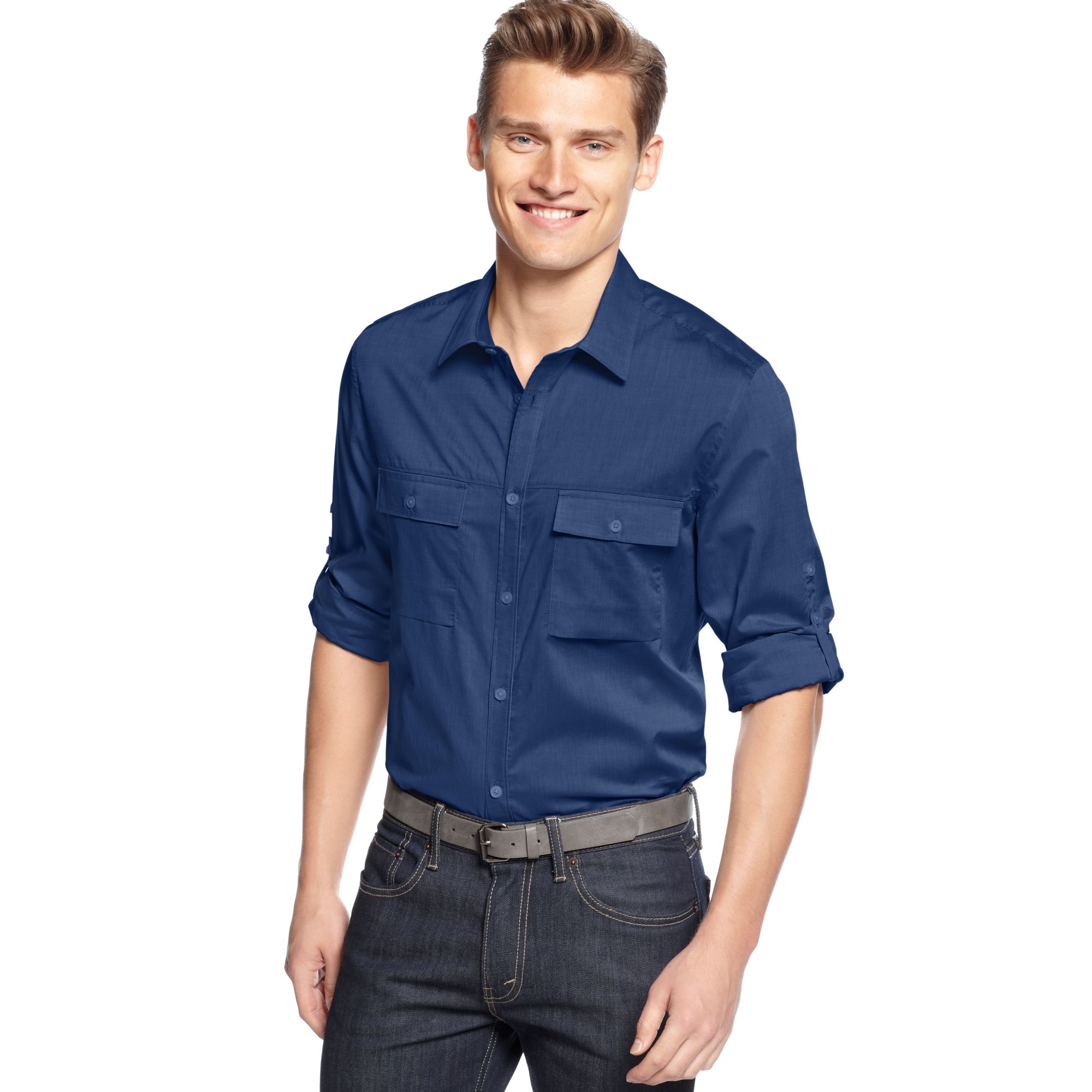 Calvin Klein Long Sleeve Chambray Roll Tab Sleeve Shirt in Blue for Men ...