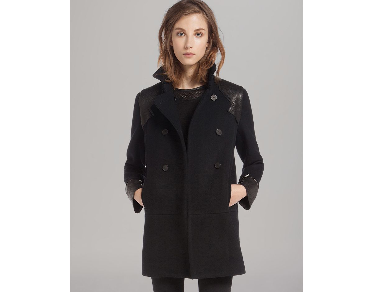 Maje Coat Button Front Peacoat with Leather Detail in Black | Lyst