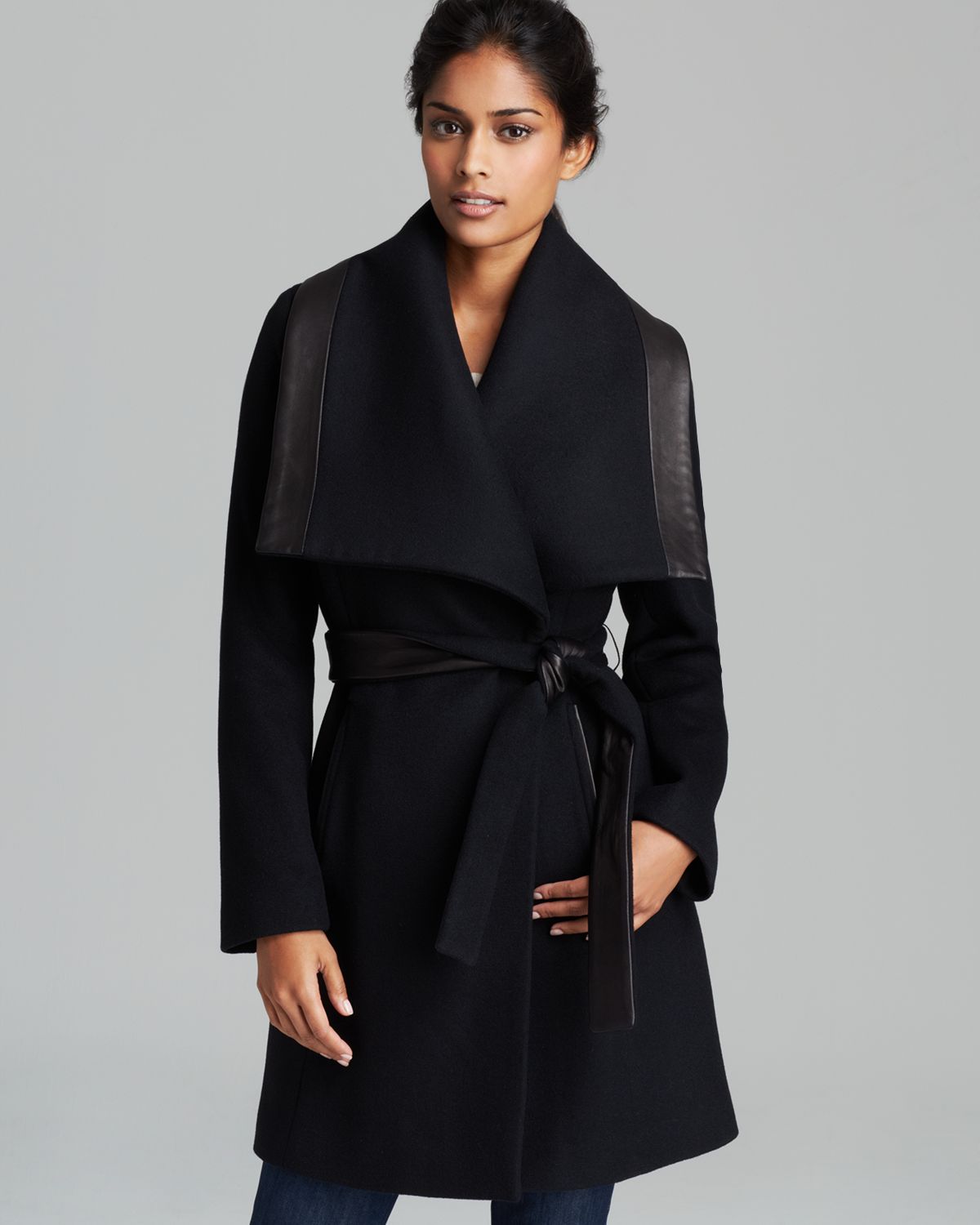 Elie tahari Coat - Marina Leather Trim Belted in Black | Lyst