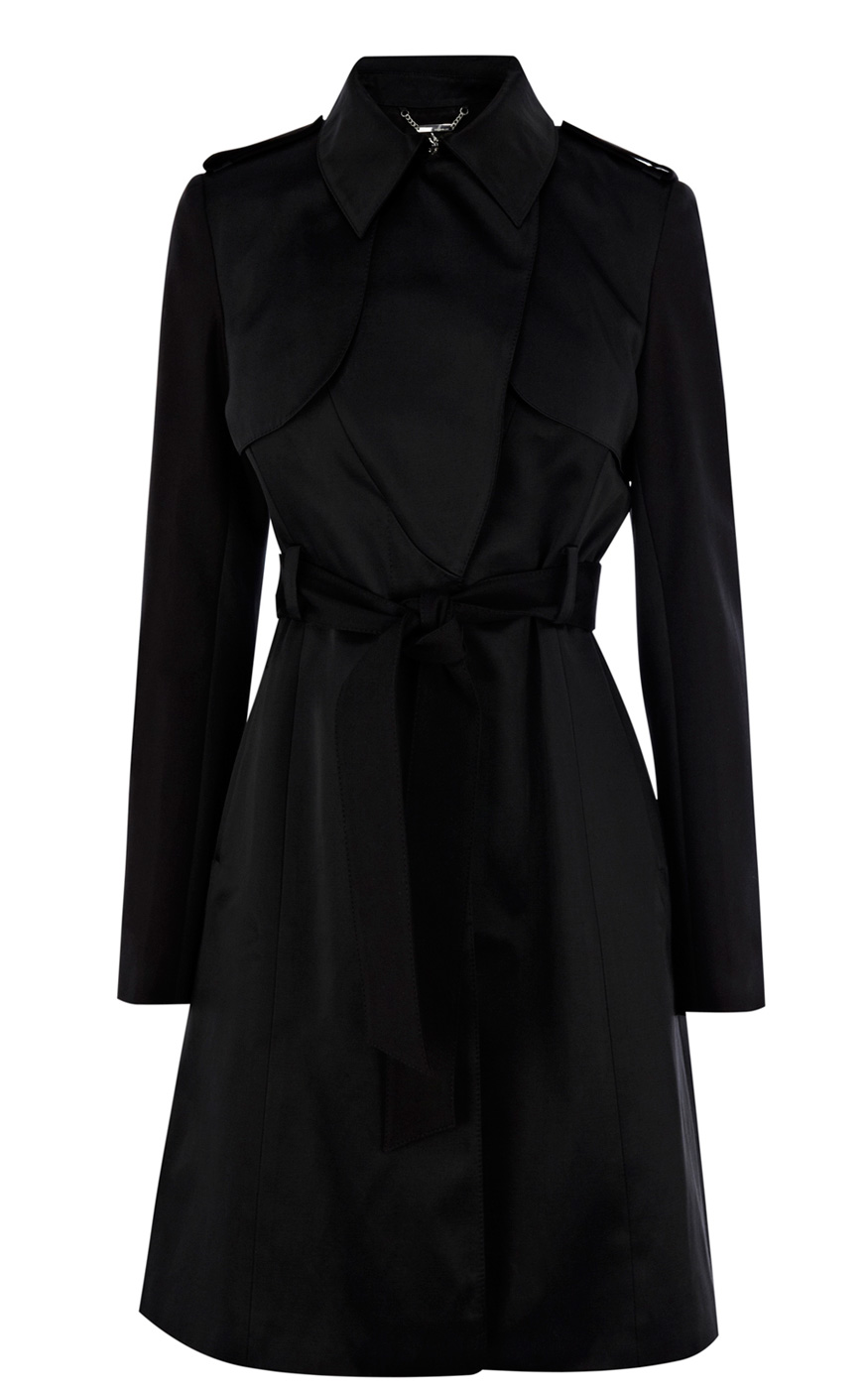 Karen Millen Satin Fabric Mix Trench Coat in Black | Lyst