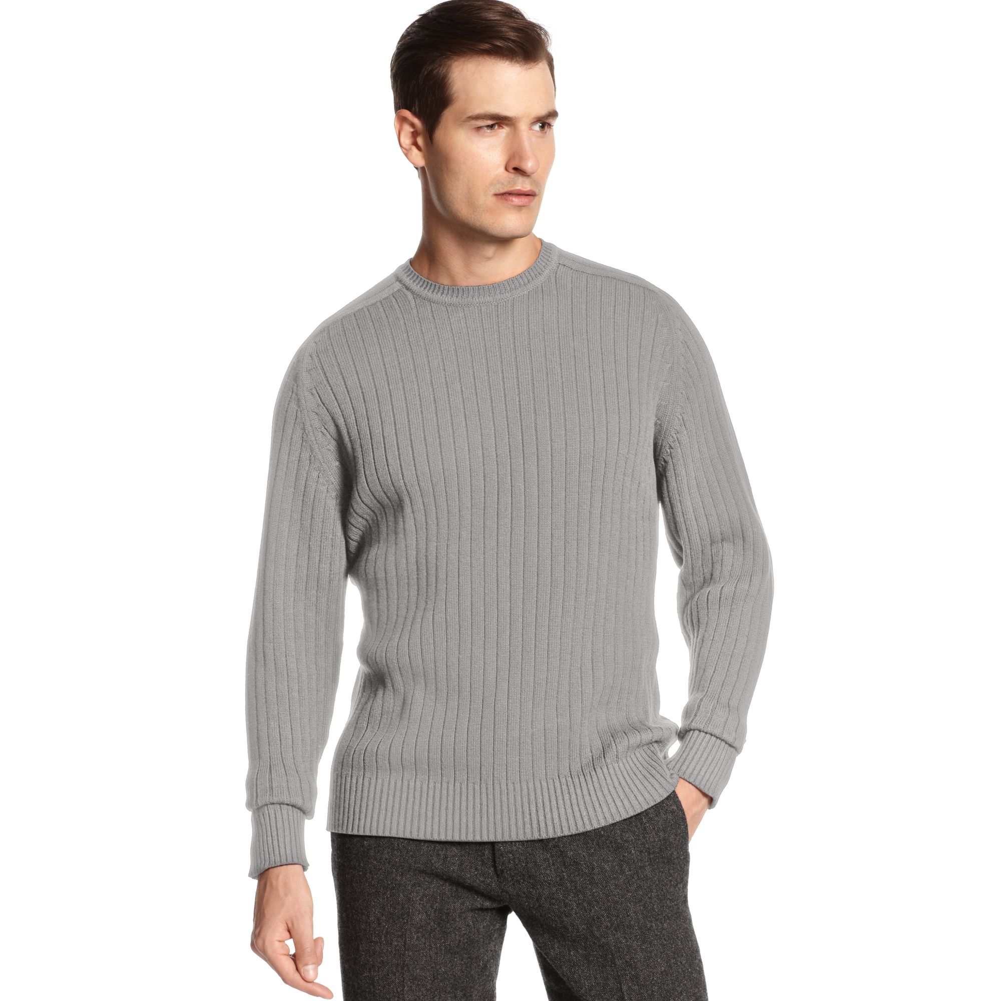 Lyst - Oscar De La Renta Crew Neck Saddle Ribbed Cotton Sweater in Gray ...