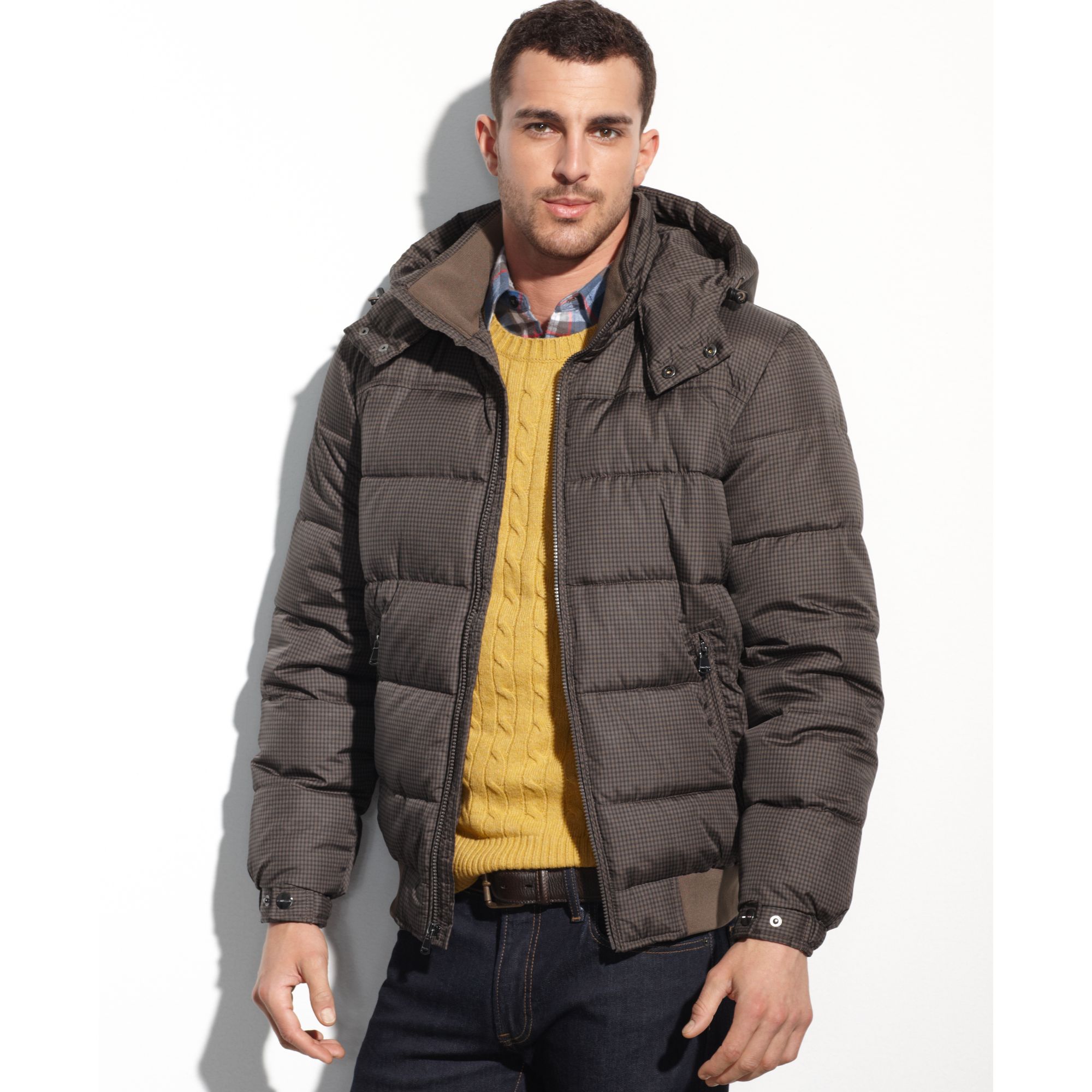 Lyst - Perry Ellis Hooded Puffer Performance Bomber in Brown for Men