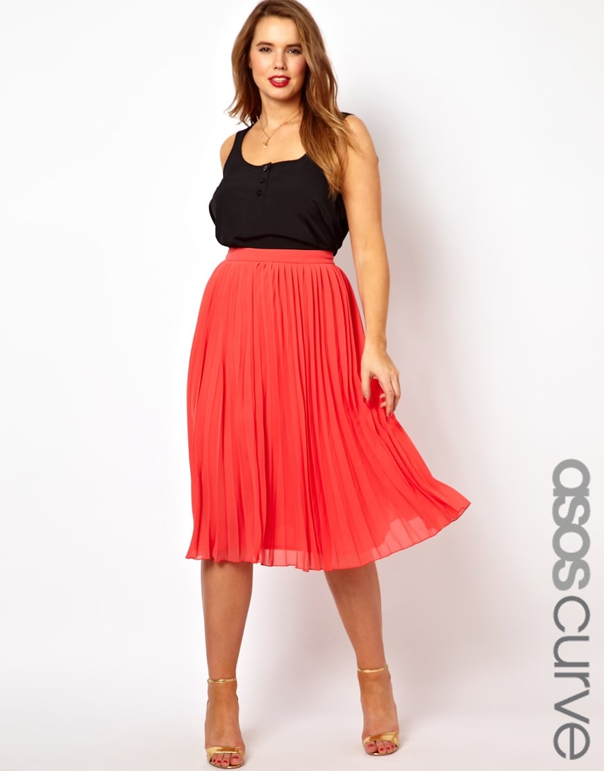 Asos Curve Midi Skirt with Pleats in Red (Coral) | Lyst