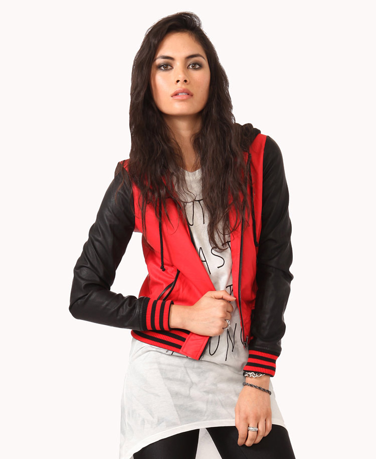 Lyst Forever 21 Hooded Varsity Jacket in Red