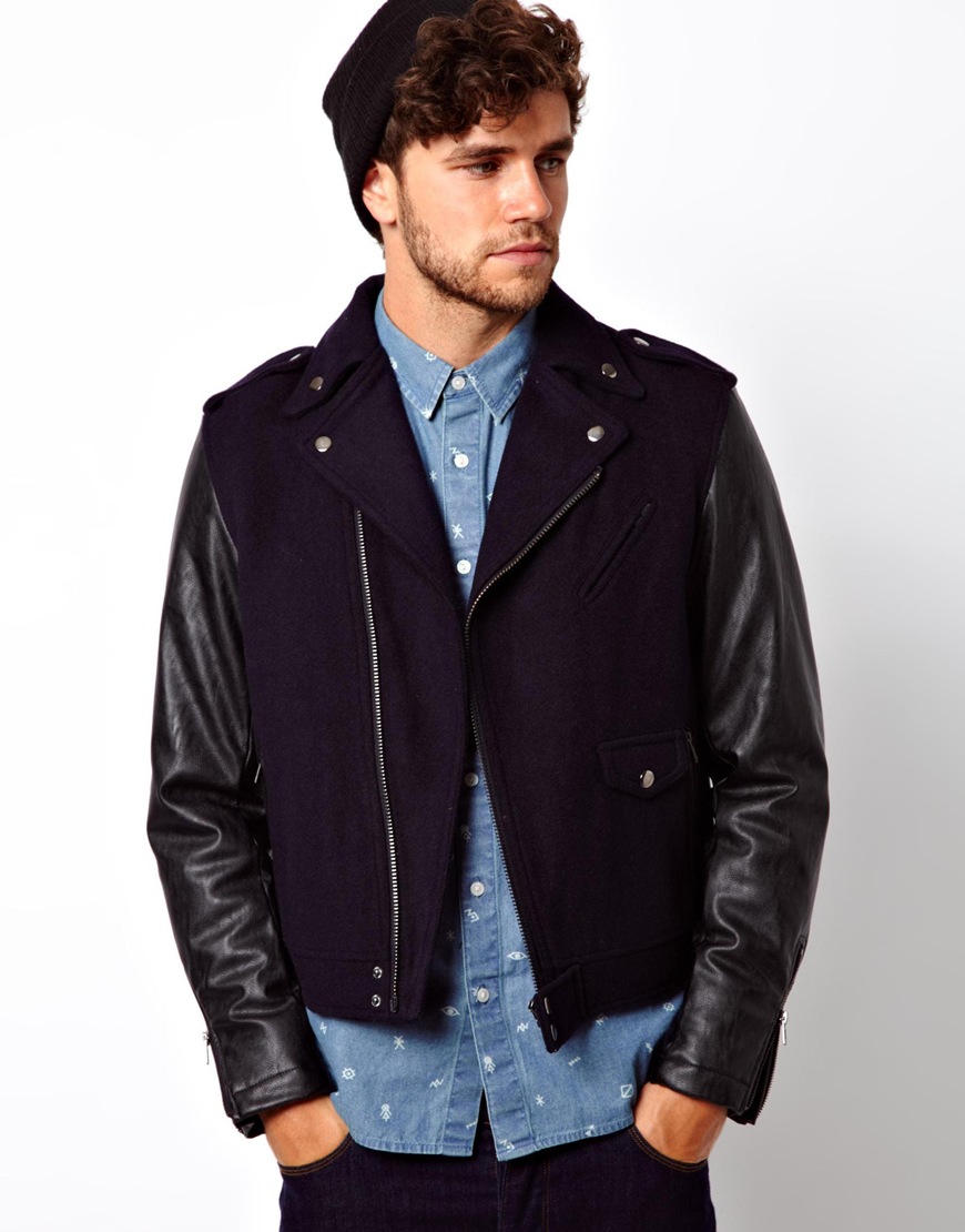 Lyst Asos Biker Jacket With Faux Leather Sleeves In Black For Men Gallery
