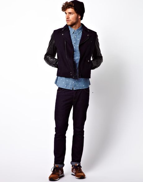 Asos Biker Jacket with Faux Leather Sleeves in Black for Men (Navy) | Lyst