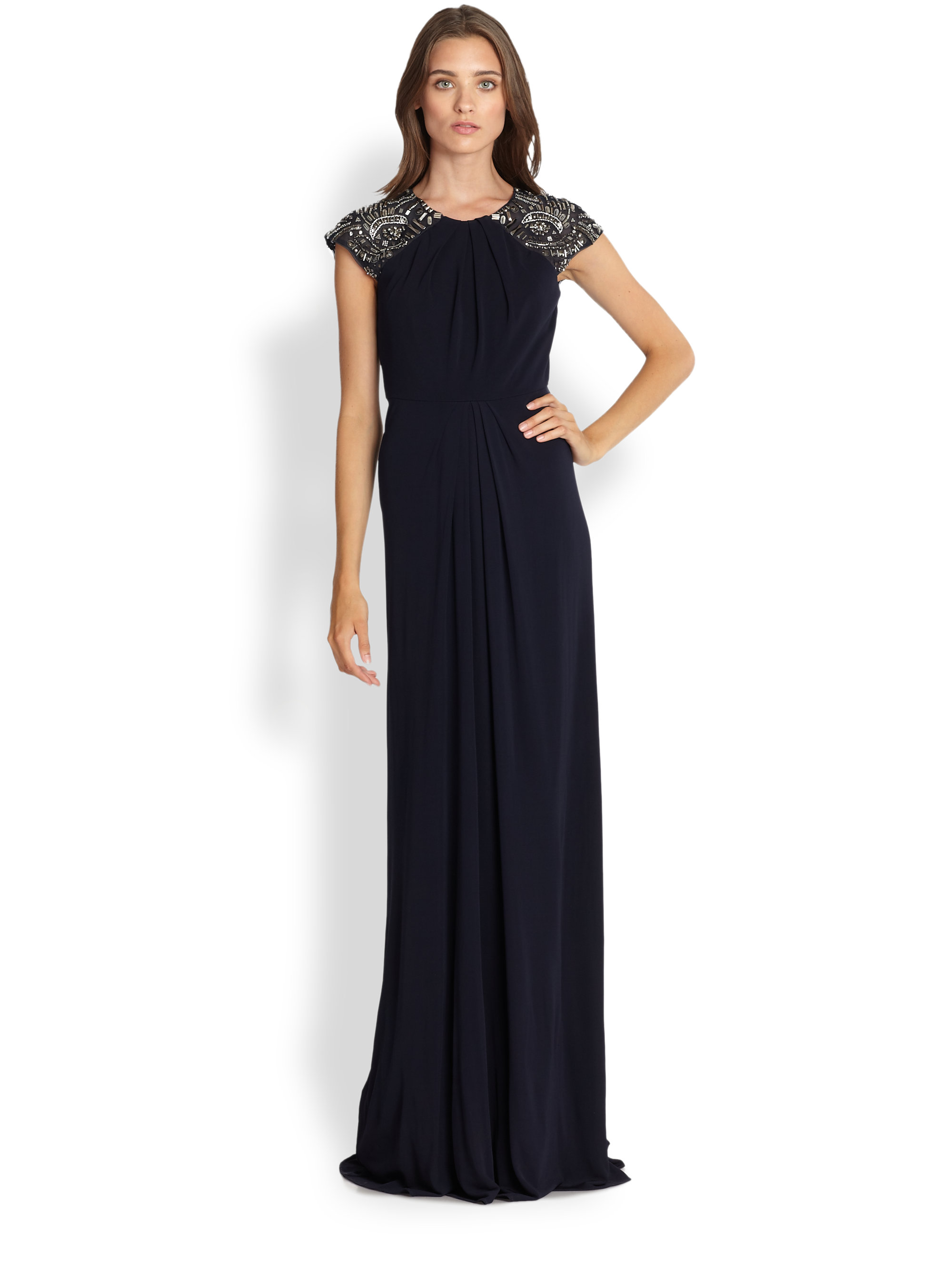 Lyst Badgley Mischka Jersey Beaded Cap Sleeve Gown in Blue