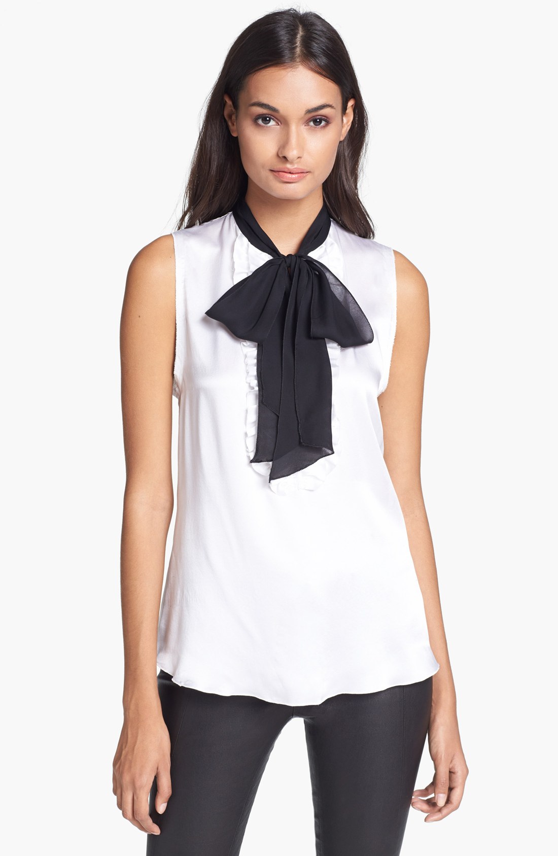 L'agence Tie Neck Silk Blouse in White (White/ Black Tie) | Lyst