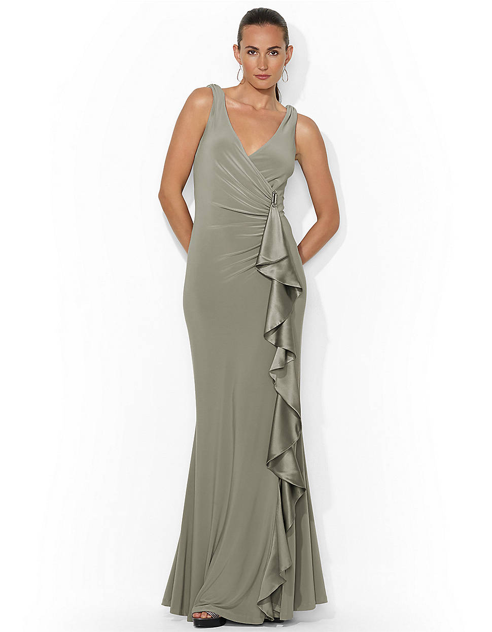 Lyst - Lauren By Ralph Lauren Sleeveless Ruched Ruffled Gown in Gray