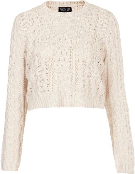 Topshop Knitted Crop Cable Jumper in Beige (CREAM) | Lyst