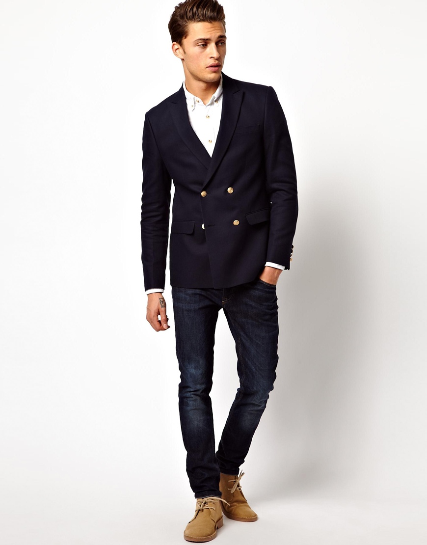 Eleven paris Asos Slim Fit Double Breasted Blazer with Gold Buttons in Blue for Men | Lyst