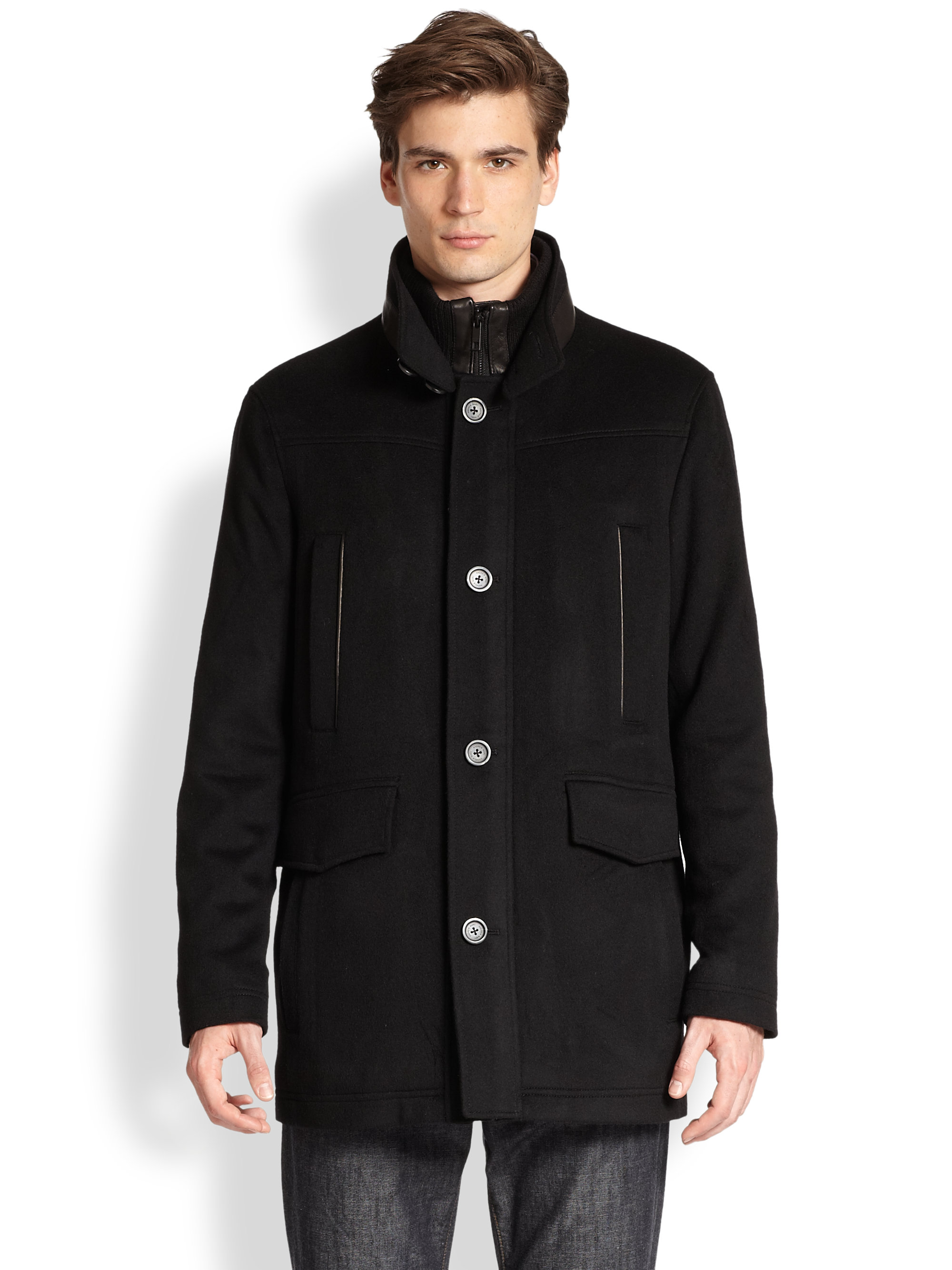 Andrew marc Leather Trimmed Car Coat in Black for Men | Lyst