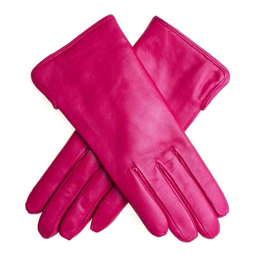 black dress pink gloves