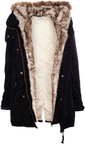 Pull&bear Parka with Fur Hood in Black | Lyst
