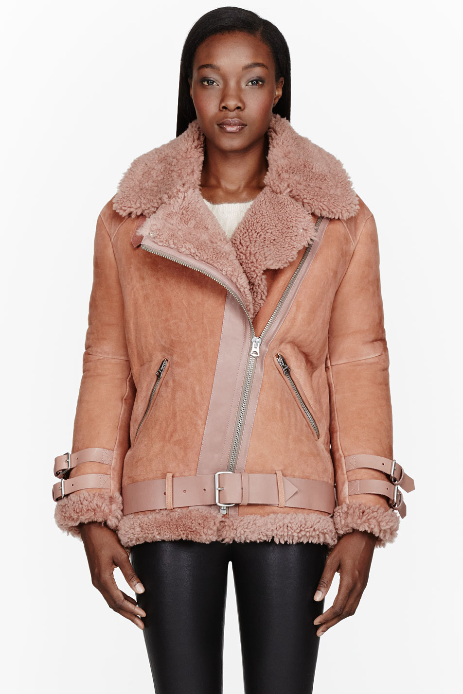 Lyst Acne studios Dusty Rose Belted Shearling Jacket in Pink