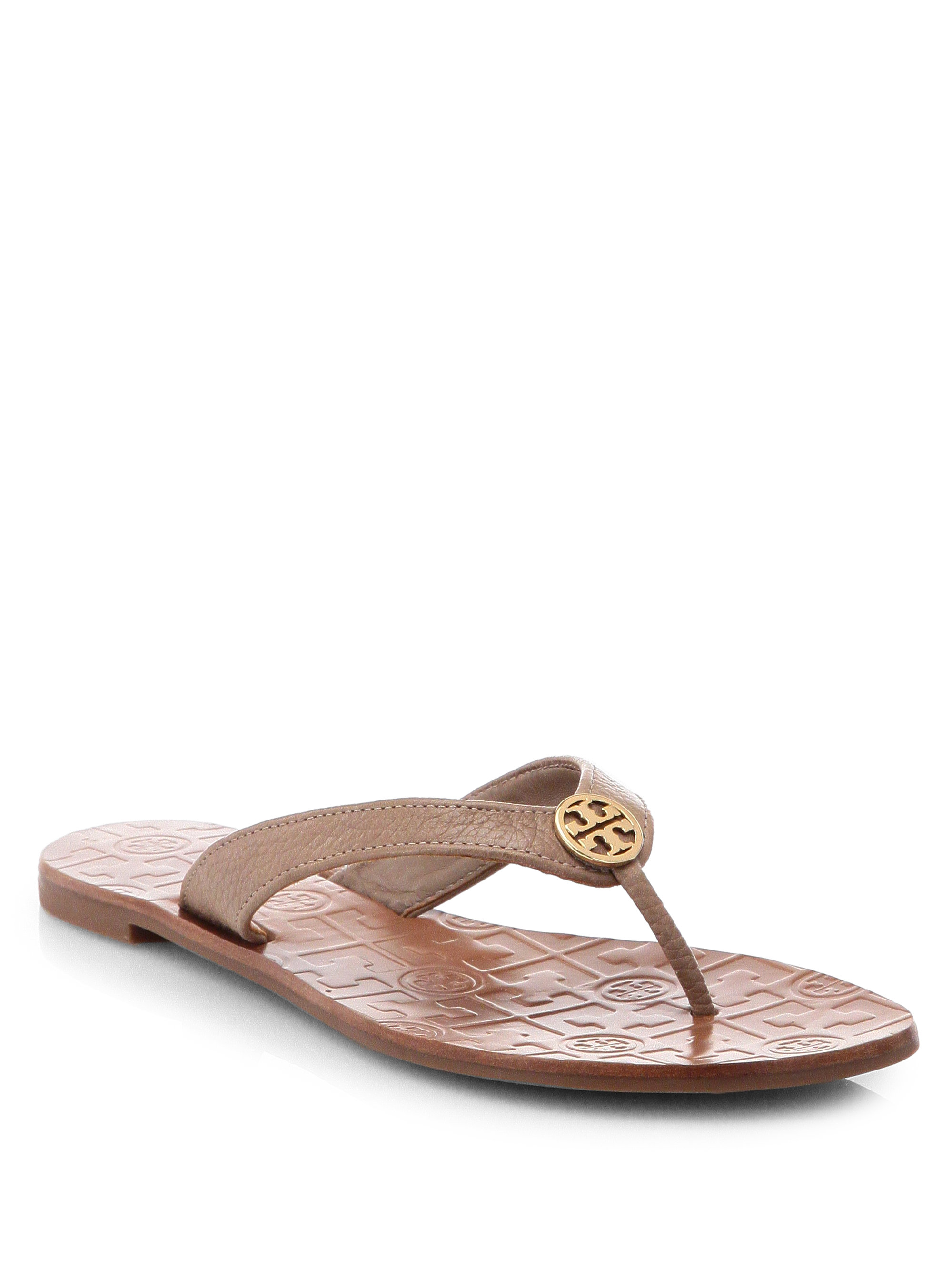 Tory burch Leather Thong Sandal with Signature Logo in Brown | Lyst