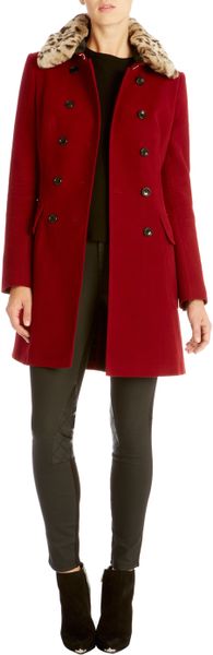Karen Millen Moleskin Coat with Faux Fur in Red | Lyst