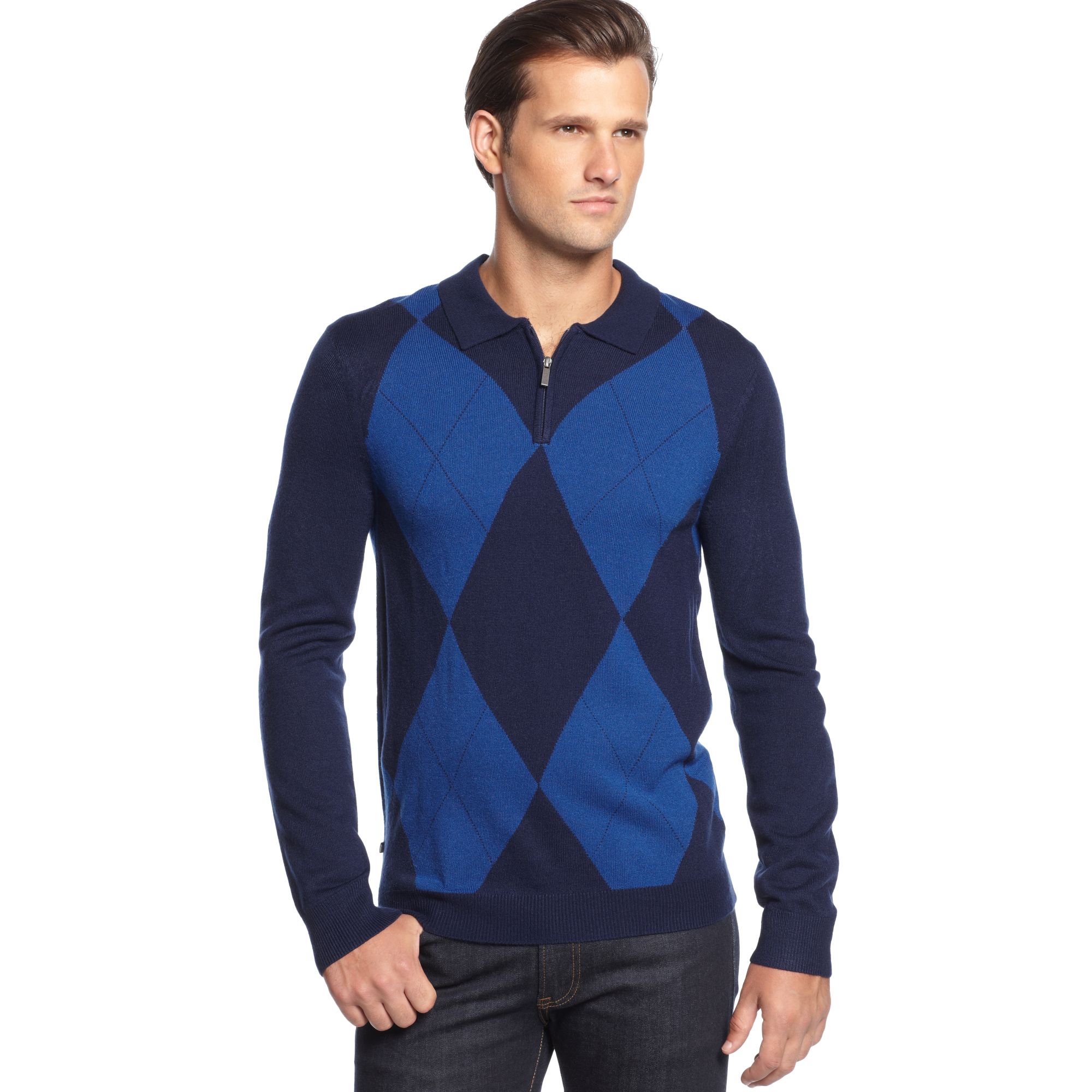Geoffrey beene Halfzip Argyle Polo Pullover in Blue for Men | Lyst