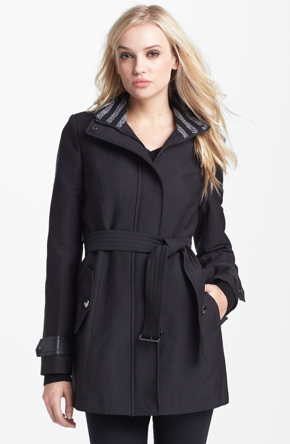 Sam Edelman Faux Leather Trim Trench Coat in Black | Lyst