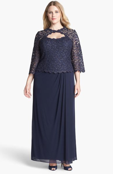 Alex Evenings Metallic Lace Mesh Gown in Blue (Navy) | Lyst