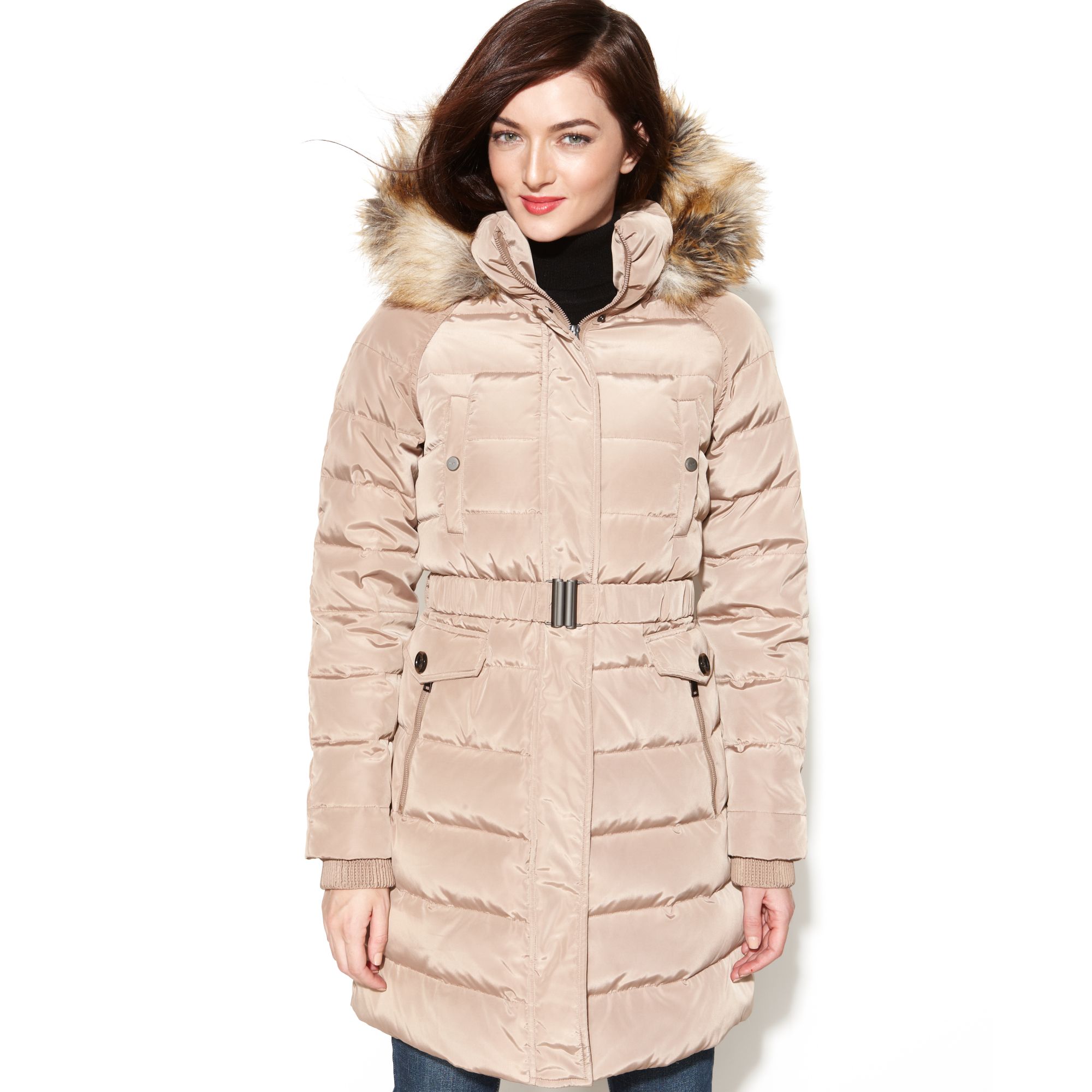 Lyst - Jones New York Hooded Fauxfurtrim Belted Puffer in Natural