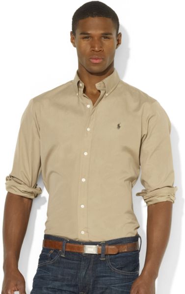 Ralph Lauren Custom-fit Longsleeve Sueded Poplin Shirt in Khaki for Men ...
