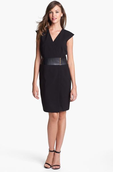 Calvin Klein Faux Leather Waist Wrap Dress in Black | Lyst