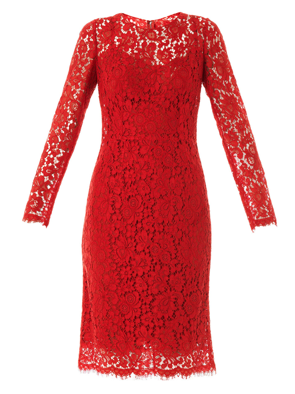 Dolce & Gabbana Lace Long Sleeved Dress in Red | Lyst