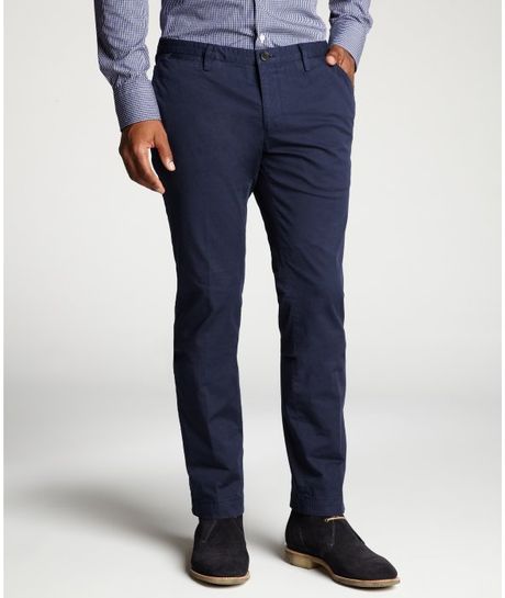 Hugo Boss Navy Cotton Blend Flat Front Straight Leg Pants in Blue for ...