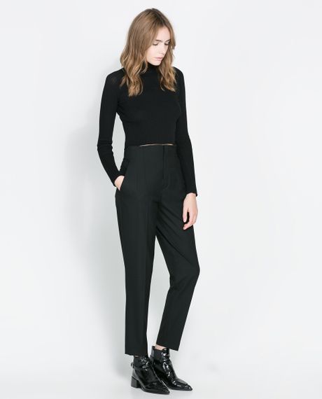 Zara Short Ribbed Jumper in Black | Lyst