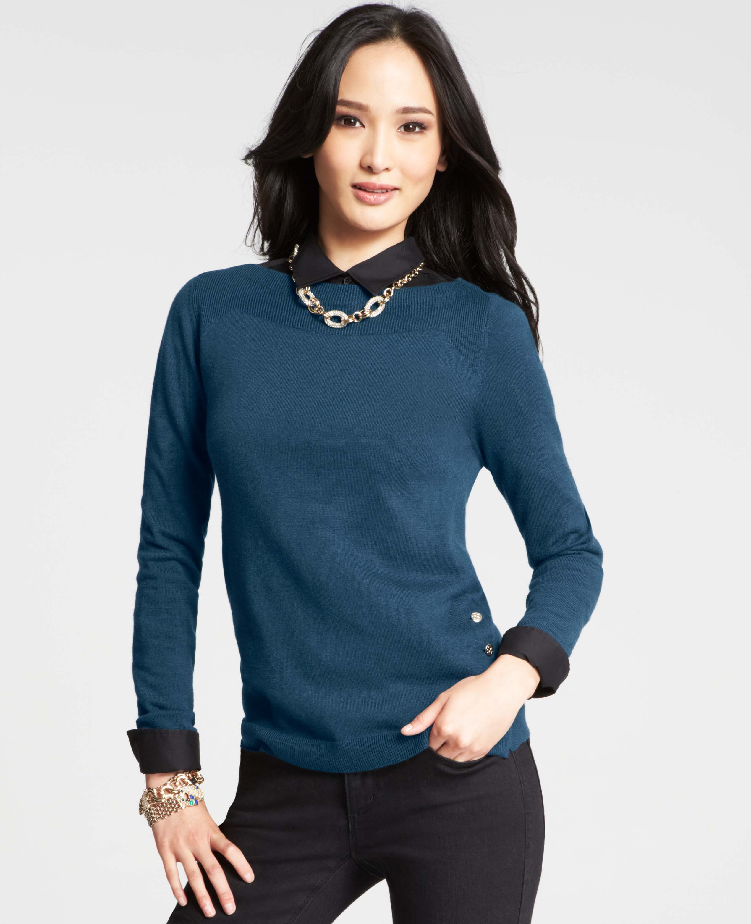 Lyst - Ann Taylor Side Button Boatneck Sweater in Blue
